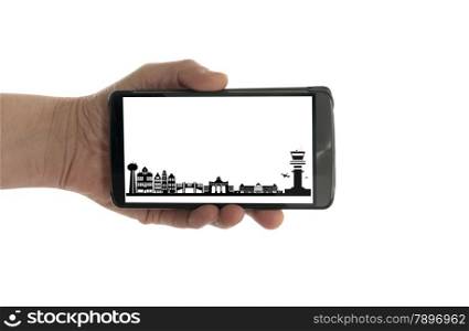 female hand with mobile phone isolated on white with Brussels skyline