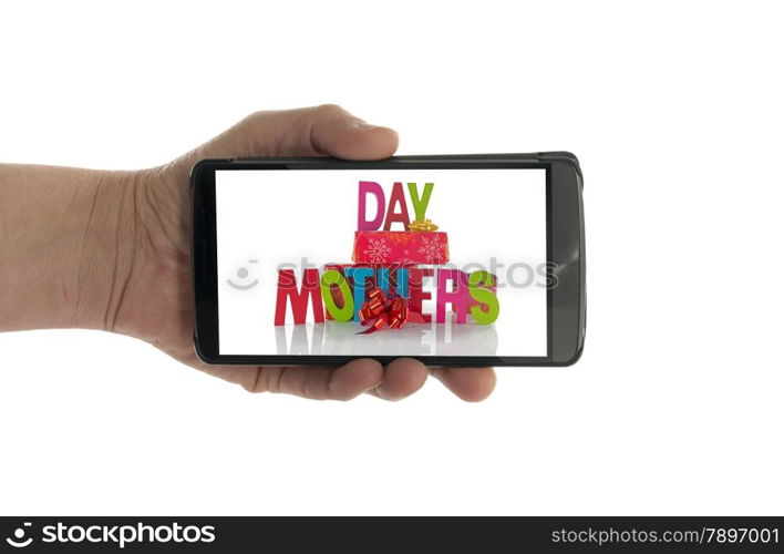 female hand with mobile phone isolated on white with mothers day text and presents