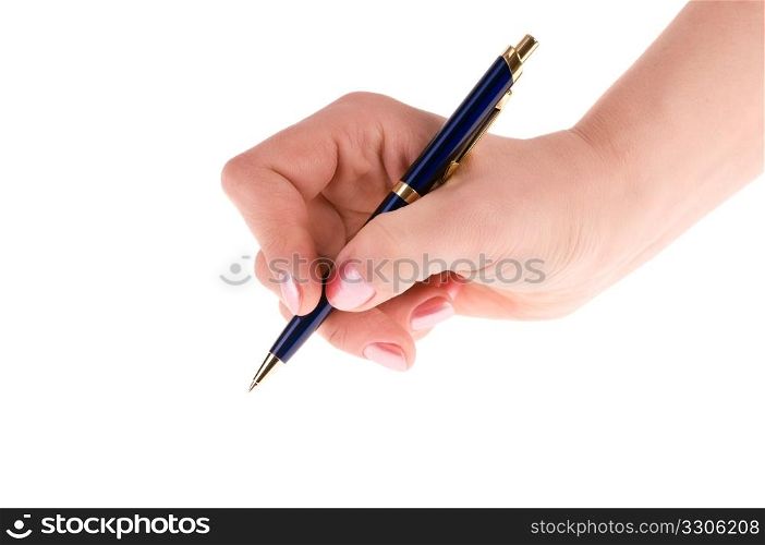 female hand with pen isolated on white background