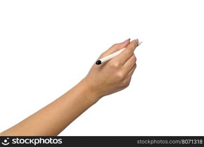 Female hand with pen on a white background.. Hand And Pen