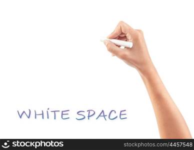 Female hand writing something on white copy space, body part, place for advertisement concept