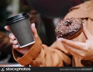 Female hands are holding a donut and a cup of coffee