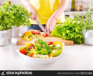 female hands cooking vegetable salad in the kitchen