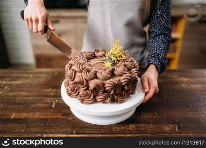 Female hands cutting chocolate cake with a knife, culinary masterpiece. Homemade sweet dessert