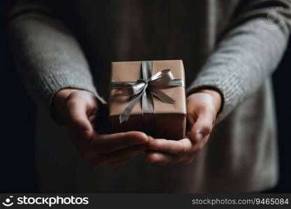 Female hands giving or receiving small present or gift box. Generative AI.. Female hands giving or receiving small present or gift box