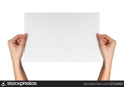 female hands hold white paper isolated