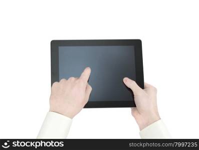female hands holding a tablet touch computer gadget with isolated screen&#xA;&#xA;