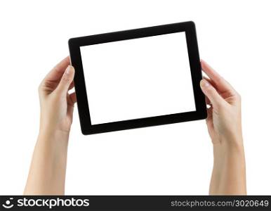 Female Hands Holding Blank Computer Tablet on White.