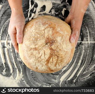 female hands holding round baked bread on a table with flour, top view