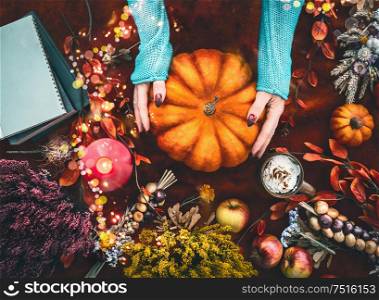 Female hands in knitted sweater holding big pumpkin on dark background with autumn arrangement of fall leaves, burning candles, fall flowers, apples, fairy lights with bokeh, books. Top view. Flat lay
