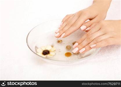 Female hands in the salt tray, isolated