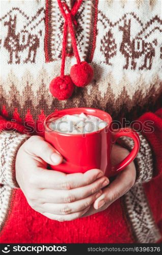 Female hands is holding a mug cocoa with marshmallow. Cocoa with marshmallow
