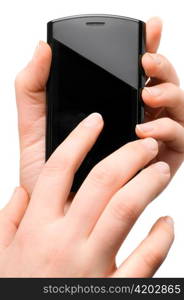 female hands is using black modern mobile phone with touch screen