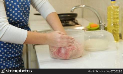Female Hands Mixing Minced Meat On Counter Top, Closeup
