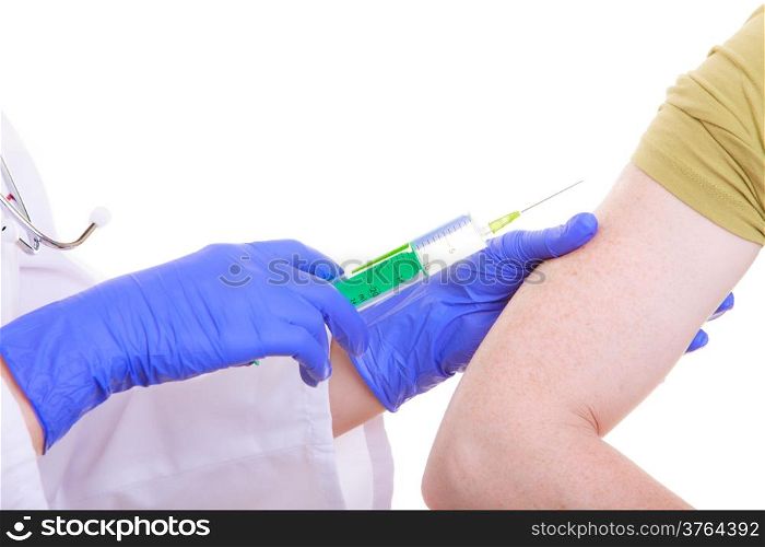 Female Hands of doctor or nurse with syringe giving injection to patient isolated. Medical person for health insurance.