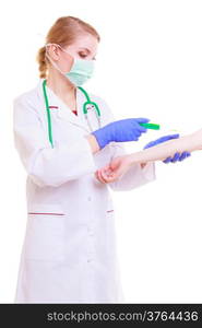 Female Hands of doctor or nurse with syringe giving injection to patient isolated. Medical person for health insurance.