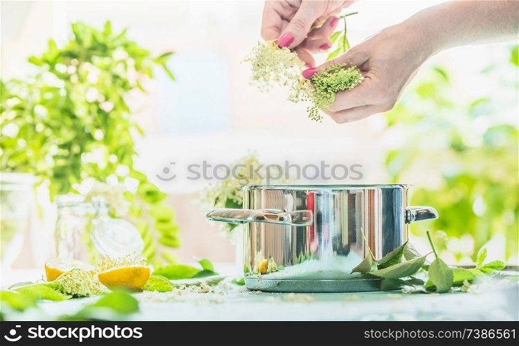 Female hands prepare elderflowers on table with cooking pot, lemon and sugar. Homemade elderflower syrup or jam making. Copy space for your recipes. Healthy seasonal natural food