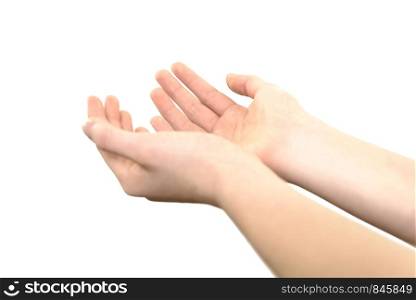 Female hands raised up in a gesture of holding something or praying on a white background in close-up