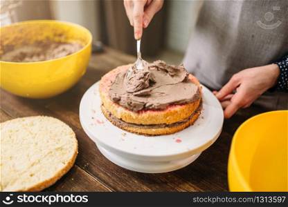 Female hands smears cake with chocolate cream closeup view. Tasty dessert homemade cooking