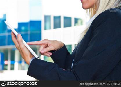 female hands touching digital tablet