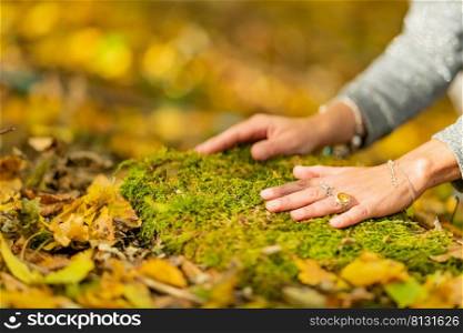 Female hands touching the ground, connecting to earth, grounding concept . Female hands touching the ground, connecting to earth, grounding concept