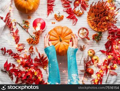 Female hands with blue knitted sweater holding big pumpkin on white blanket with autumn arrangement of red leaves, burning candles, fall flowers, apples, fairy lights with bokeh. Top view. Flat lay