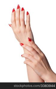 Female hands with French manicure. It is isolated on a white background