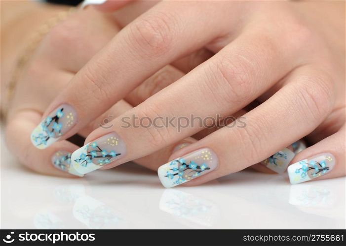 Female hands with manicure close up. Drawing of a branch with blue flowers.With reflection