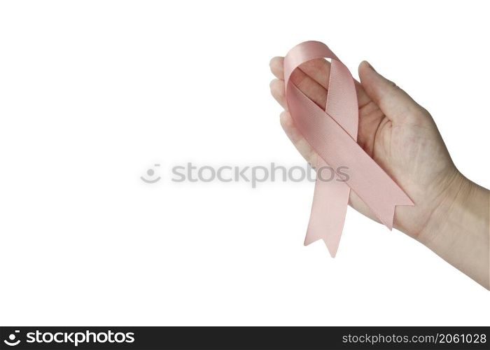 Female hands with pink ribbon isolated on white background. Cancer awareness concept with copy space top view, health care concept Woman space for text. Female hands with pink ribbon isolated on white background. Cancer awareness concept with copy space top view, health care concept Woman