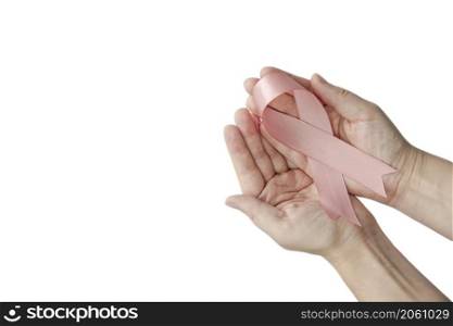 Female hands with pink ribbon isolated on white background. Cancer awareness concept with copy space top view, health care concept Woman space for text. Female hands with pink ribbon isolated on white background. Cancer awareness concept with copy space top view, health care concept Woman