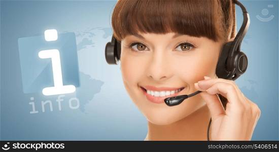 female helpline operator with headphones and virtual information button