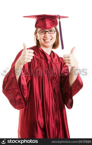 Female high school or college graduate giving thumbs up sign. Isolated on white.