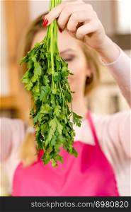Female holding healthy green herbs. Woman having parsley herb about to cook something.. Woman holding green parsley herb