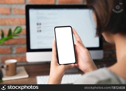 female holding phone blank screen third person view clippig path inside