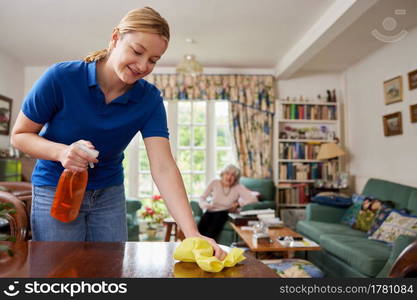 Female Home Help Cleaning House And Talking To Senior Woman