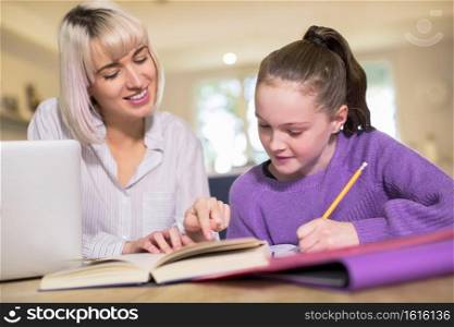 Female Home Tutor Helping Young Girl With Studies Or Home Schooling