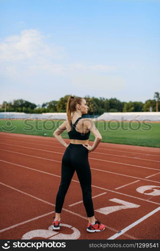 Female jogger standing on start line, training on stadium. Woman doing stretching exercise before running on outdoor arena