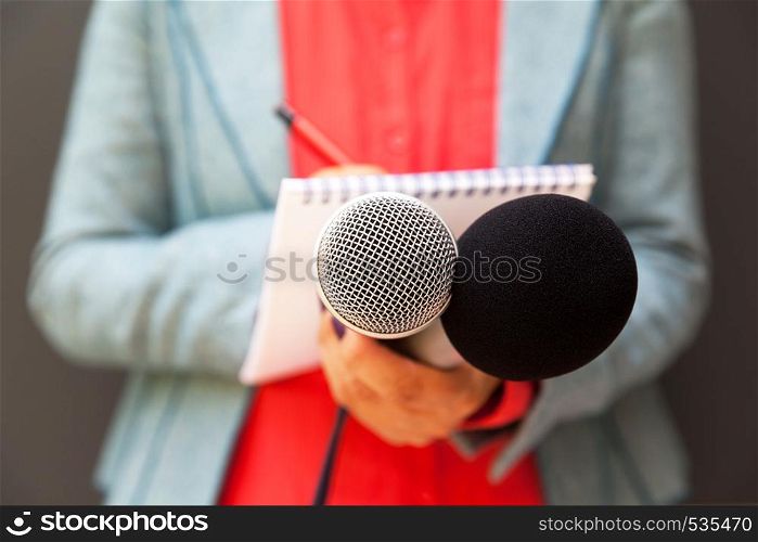 Female journalist at news conference, writing notes, holding microphone