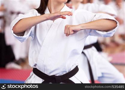 Female karate practitioner body position during training. Martial arts.