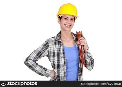 Female laborer on white background
