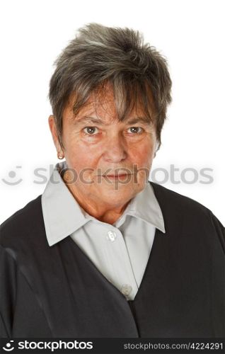 Female lawyer wearing a black robe isolated on white background