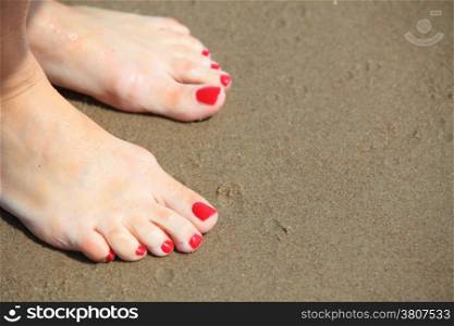 Female legs walking in water, girl&#39;s barefoot legs on the sand beach