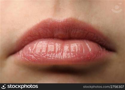 Female lips close up. Red color. Selective focus