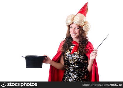 Female magician isolated on white