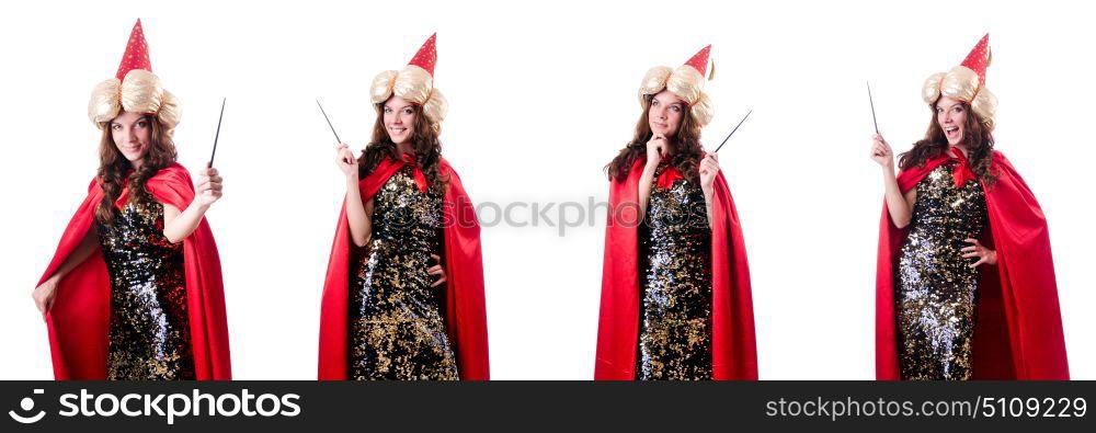 Female magician isolated on white