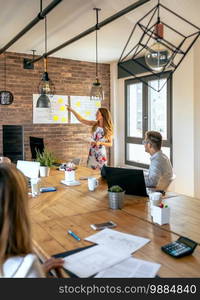 Female manager explaining in a work meeting to her workers. Female manager in a work meeting with her workers