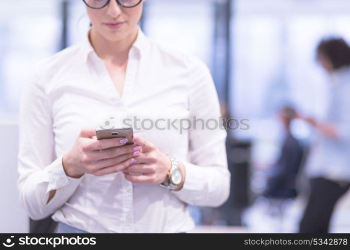 female manager using cell telephone in startup office interior