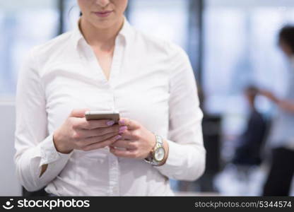 female manager using cell telephone in startup office interior