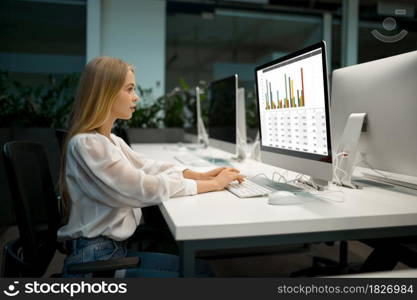 Female manager works on computer, IT office interior on background. Professional worker, planning or brainstorming. Successful employee in modern company. Female manager works on computer, IT office