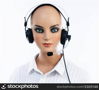 Female mannequin with headset over white background